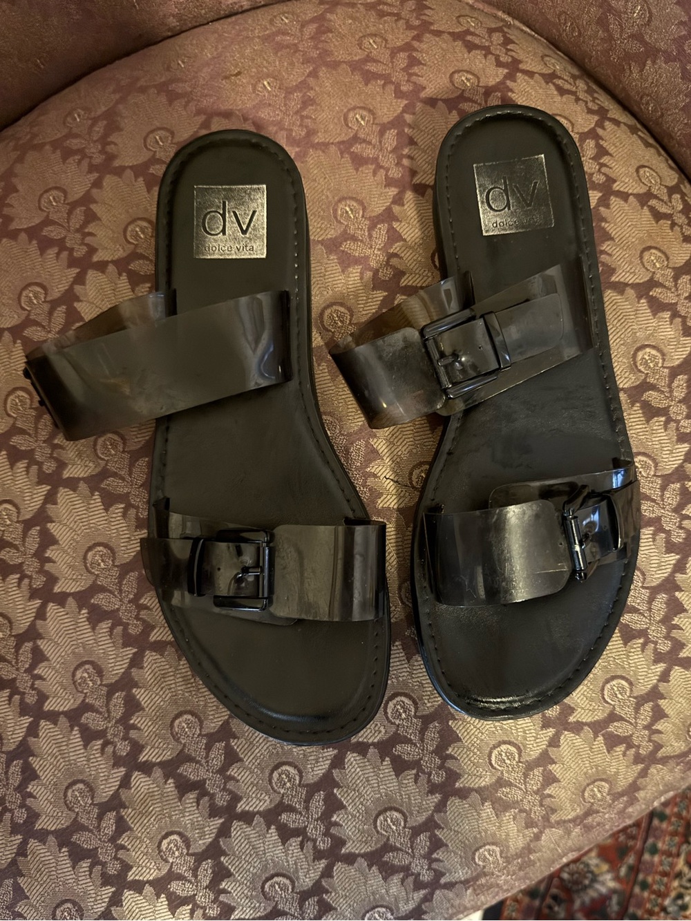 DV by Dolce Vita Black Patent Double-Buckle Slide Sandals
